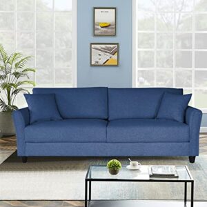 mikibama Linen Fabric Sofa 85 Inches Mid-Century Modern Couch 3 Seater Sofa with 2 Throw Pillows Upholstered Sofa with Rolled Armrest for Living Room, Apartment, Bedroom (Dark Blue)