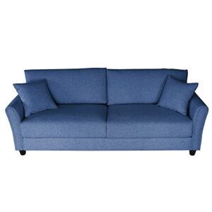 mikibama Linen Fabric Sofa 85 Inches Mid-Century Modern Couch 3 Seater Sofa with 2 Throw Pillows Upholstered Sofa with Rolled Armrest for Living Room, Apartment, Bedroom (Dark Blue)