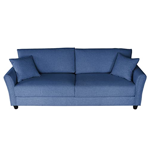 mikibama Linen Fabric Sofa 85 Inches Mid-Century Modern Couch 3 Seater Sofa with 2 Throw Pillows Upholstered Sofa with Rolled Armrest for Living Room, Apartment, Bedroom (Dark Blue)