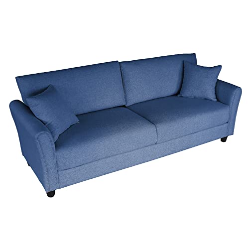 mikibama Linen Fabric Sofa 85 Inches Mid-Century Modern Couch 3 Seater Sofa with 2 Throw Pillows Upholstered Sofa with Rolled Armrest for Living Room, Apartment, Bedroom (Dark Blue)