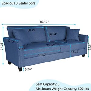 mikibama Linen Fabric Sofa 85 Inches Mid-Century Modern Couch 3 Seater Sofa with 2 Throw Pillows Upholstered Sofa with Rolled Armrest for Living Room, Apartment, Bedroom (Dark Blue)