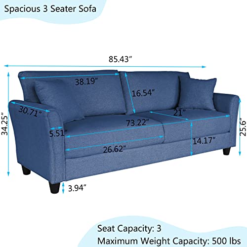 mikibama Linen Fabric Sofa 85 Inches Mid-Century Modern Couch 3 Seater Sofa with 2 Throw Pillows Upholstered Sofa with Rolled Armrest for Living Room, Apartment, Bedroom (Dark Blue)