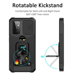 Nvollnoe for Samsung A52 Case with Sliding Camera Cover Heavy Duty Protective Galaxy A52 Case with Card Holder Magnetic Rotate Ring Kickstand Phone Case for Samsung A52 5G/4G(Black)