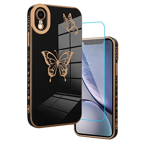 BITOBE Designed for iPhone XR Case Butterflies with Screen Protector for Women Girls,Cute Design Luxury Plating Full Camera Lens Protection Cover for iPhone XR 6.1“-Black