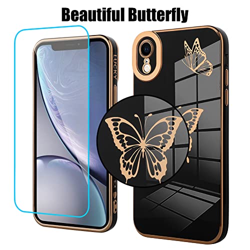 BITOBE Designed for iPhone XR Case Butterflies with Screen Protector for Women Girls,Cute Design Luxury Plating Full Camera Lens Protection Cover for iPhone XR 6.1“-Black