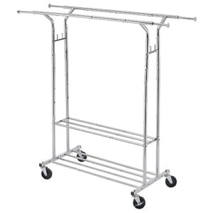 tajsoon heavy duty clothing rack extensible double rod with 2 shelves, rolling clothes rack with wheels, rolling garment racks for hanging clothes load 250lbs, collapsible clothes hanging rack chrome