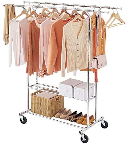 Tajsoon Heavy Duty Clothing Rack Extensible Double Rod with 2 Shelves, Rolling Clothes Rack with Wheels, Rolling Garment Racks for Hanging Clothes Load 250LBS, Collapsible Clothes Hanging Rack Chrome
