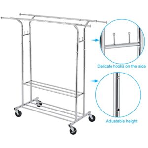 Tajsoon Heavy Duty Clothing Rack Extensible Double Rod with 2 Shelves, Rolling Clothes Rack with Wheels, Rolling Garment Racks for Hanging Clothes Load 250LBS, Collapsible Clothes Hanging Rack Chrome
