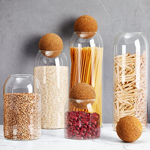 Suclain 5 Pack Storage Glass Jar Set Food Tank with Spherical Cork Cute Ball Candy Jars Clear Coffee Canister Airtight for Kitchen Bottle Holder Serving Spice Sugar Tea, 4 Sizes