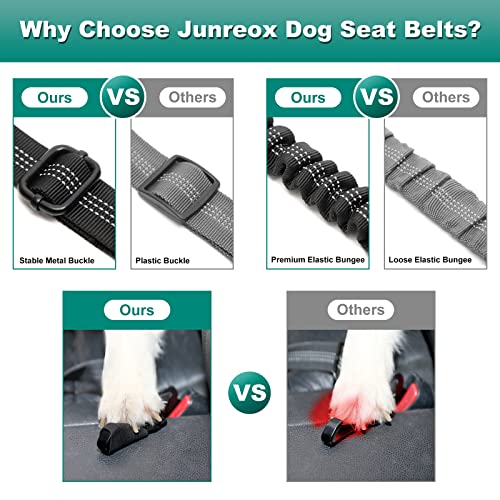 Junreox 2 Packs Dog Seat Belt, 3rd Generation Dog Seatbelt Harness with Adjustable Metal Buckle, Elastic Bungee Reflective Vehicle Car Headrest Restraint Tether for Small Medium Large Dogs Pet