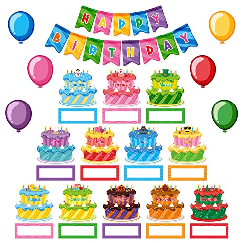 74 Pcs Happy Birthday Bulletin Board Set Includes Months Balloon Cut-Outs and Name Plates for Classroom Calendars Decor Wall Decorations