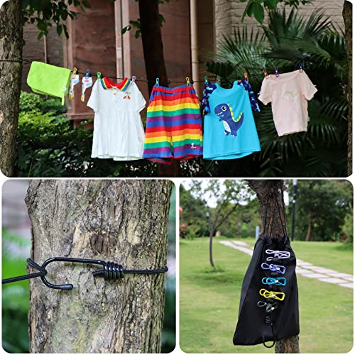 HISAFA 2 Pack Portable Travel Camping Elastic Clothesline with 12 Colorful Clothespins Windproof Stretchy Retractable Clothes Line Laundry Drying String Rope with 2 Carrying Bags Outdoor and Indoor