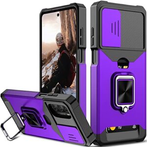 nvollnoe for moto g stylus 5g 2022 case with sliding camera cover and card holder heavy duty protective magnetic kickstand ring case for moto g stylus 5g(purple)