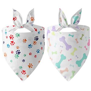 AIITLE Dog Bandanas - 2PCS Birthday Gift Washable Dog Paw and Bone Printing White Dog Bib Kerchief Scarf Adjustable Accessories for Small to Large Dog Puppy Cat