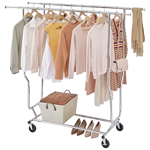Tajsoon Clothes Rack,Collapsible Standard Rolling Garment Rack With Wheels,Extendable Liftable Y Type Heavy Duty Double Rods Clothes Hanging Rack,Commercial Clothing Storage Display Stand,Chrome