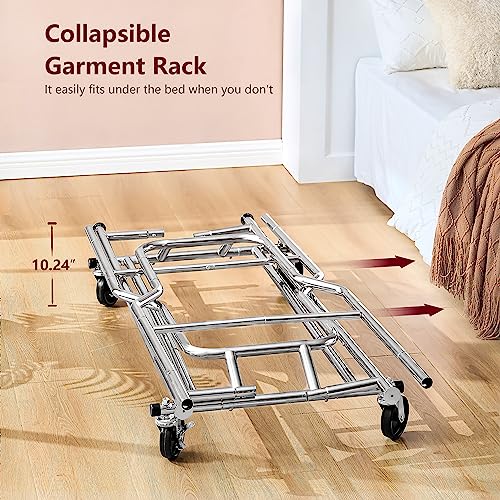 Tajsoon Clothes Rack,Collapsible Standard Rolling Garment Rack With Wheels,Extendable Liftable Y Type Heavy Duty Double Rods Clothes Hanging Rack,Commercial Clothing Storage Display Stand,Chrome