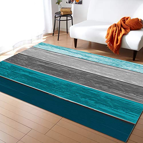 Teal Wood Grain Area Rugs Indoor Non-Slip Rectangle Rug 2.7x5 ft, Farmhouse Barn Teal Green Gray Plank Rug Rubber Backing Floor Mats Contemporary Home Decor Carpet for Entryway Living Room Bedroom