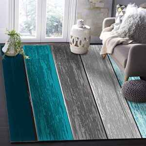 Teal Wood Grain Area Rugs Indoor Non-Slip Rectangle Rug 2.7x5 ft, Farmhouse Barn Teal Green Gray Plank Rug Rubber Backing Floor Mats Contemporary Home Decor Carpet for Entryway Living Room Bedroom