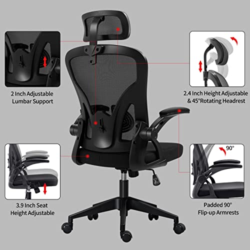 Office Chair,Ergonomic Desk Chair with Adjustable Headrest and Lumbar Support,High Back Mesh Computer Chair with Padded Flip-up Armrests,Swivel Task Chair with Large Seat,Tilt Function,Black
