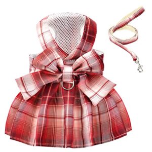 Tikwek Dog Clothes for Small Dogs Girl, Plaid Dog Dress Bow Tie Harness Leash Set, Puppy Cute Bow Skirt, Pet Outfits with Leash Ring,XS M Pet Skirt(Red,S)