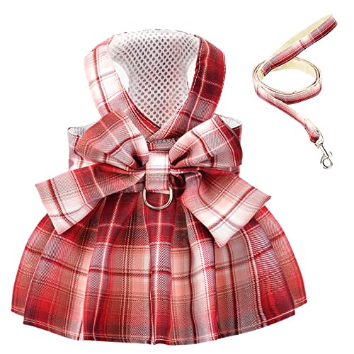 Tikwek Dog Clothes for Small Dogs Girl, Plaid Dog Dress Bow Tie Harness Leash Set, Puppy Cute Bow Skirt, Pet Outfits with Leash Ring,XS M Pet Skirt(Red,S)