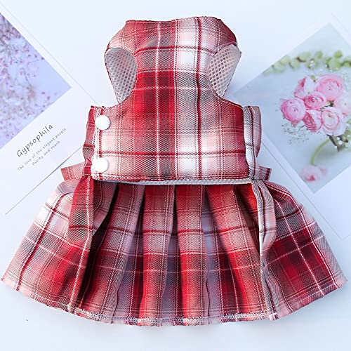 Tikwek Dog Clothes for Small Dogs Girl, Plaid Dog Dress Bow Tie Harness Leash Set, Puppy Cute Bow Skirt, Pet Outfits with Leash Ring,XS M Pet Skirt(Red,S)