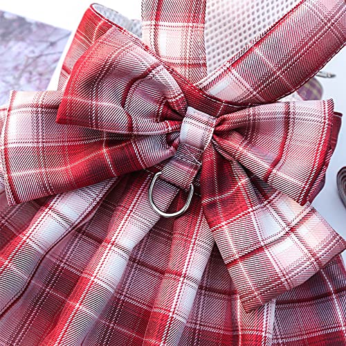 Tikwek Dog Clothes for Small Dogs Girl, Plaid Dog Dress Bow Tie Harness Leash Set, Puppy Cute Bow Skirt, Pet Outfits with Leash Ring,XS M Pet Skirt(Red,S)