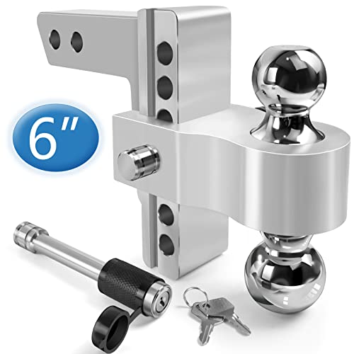 Tlvuvmo Adjustable Trailer Hitch - 6 Inch Drop Hitch Ball Mount for 2 Inch Receiver, 12,500 GTW, 2" and 2-5/16" Stainless Steel Tow Balls, Aluminum Tow Hitch with Double Anti-Theft Pins Locks