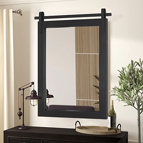 Black Farmhouse Mirror for Wall, 22x30INCH Wood Framed Square Bathroom Mirrors for Vanity, Barn Door Style Mirrors Wall Mounted Dresser Decor Mirror Living Room Bedroom Vertical