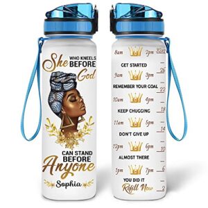 hyturtle personalized she who kneels before god 32oz liter motivational water bottle, african american black african american women water bottle with time marker, gifts for black women, girls on birthday mother's day