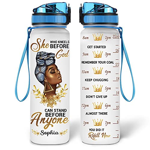 HYTURTLE Personalized She Who Kneels Before God 32oz Liter Motivational Water Bottle, African American Black African American Women Water Bottle With Time Marker, Gifts For Black Women, Girls On Birthday Mother's Day