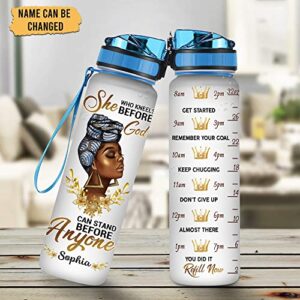 HYTURTLE Personalized She Who Kneels Before God 32oz Liter Motivational Water Bottle, African American Black African American Women Water Bottle With Time Marker, Gifts For Black Women, Girls On Birthday Mother's Day