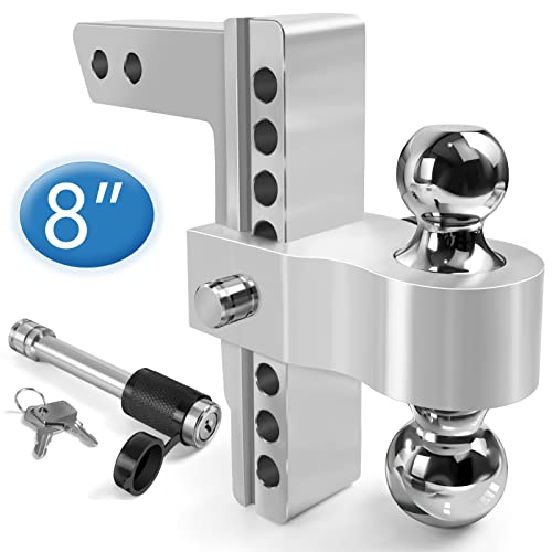 Tlvuvmo Adjustable Trailer Hitch - 8 Inch Drop Hitch Ball Mount for 2 Inch Receiver, 12,500 GTW, 2" and 2-5/16" Stainless Steel Tow Balls, Aluminum Tow Hitch with Double Anti-Theft Pins Locks