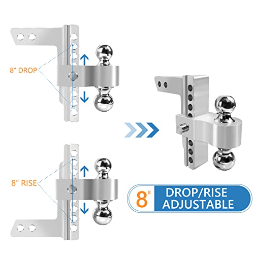 Tlvuvmo Adjustable Trailer Hitch - 8 Inch Drop Hitch Ball Mount for 2 Inch Receiver, 12,500 GTW, 2" and 2-5/16" Stainless Steel Tow Balls, Aluminum Tow Hitch with Double Anti-Theft Pins Locks