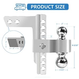 Tlvuvmo Adjustable Trailer Hitch - 8 Inch Drop Hitch Ball Mount for 2 Inch Receiver, 12,500 GTW, 2" and 2-5/16" Stainless Steel Tow Balls, Aluminum Tow Hitch with Double Anti-Theft Pins Locks