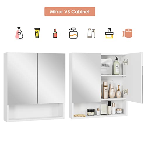 FOTOSOK Bathroom Wall Cabinet Medicine Cabinet, Wall Mounted Bathroom Mirror with Storage Mirror Cabinet with 2 Doors and Adjustable Shelf, Laundry Living Room, White