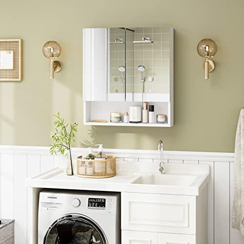 FOTOSOK Bathroom Wall Cabinet Medicine Cabinet, Wall Mounted Bathroom Mirror with Storage Mirror Cabinet with 2 Doors and Adjustable Shelf, Laundry Living Room, White