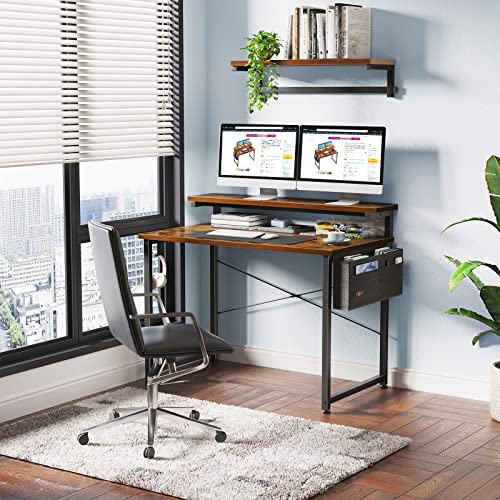 ODK Computer Desk with Adjustable Monitor Shelves, 40 inch Home Office Desk with Monitor Stand, Writing Desk, Study Workstation with 3 Heights (10cm, 13cm, 16cm), Rustic Brown
