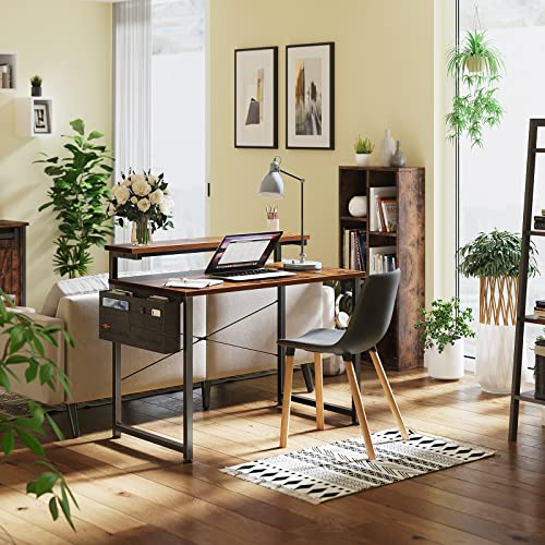 ODK Computer Desk with Adjustable Monitor Shelves, 40 inch Home Office Desk with Monitor Stand, Writing Desk, Study Workstation with 3 Heights (10cm, 13cm, 16cm), Rustic Brown