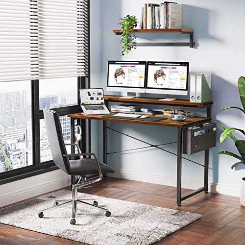 ODK Computer Desk with Adjustable Monitor Shelves, 48 inch Home Office Desk with Monitor Stand, Writing Desk, Study Workstation with 3 Heights (10cm, 13cm, 16cm), Rustic Brown