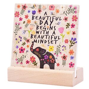 inspirational quotes desk decor gifts for women girls friends-motivational sign ceramic plaque with wooden stand-cheer up gifts for friends women (beautiful day)