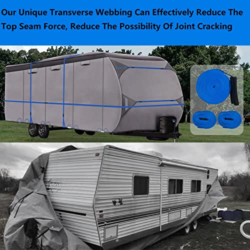 Tuszom 100% Waterproof 600D RV Travel Trailer Cover Durable Rip-Stop Camper Cover fits 31'7"-34' Motorhome - Breathable Windproof Anti-UV with 13PCS Straps, 4 Tire Covers