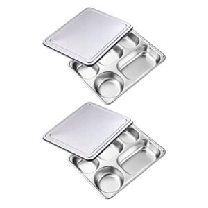 ganazono 2 sets stainless steel rectangular divided plates tray with lid for adults divided dinner tray 5 sections bento lunch box camping