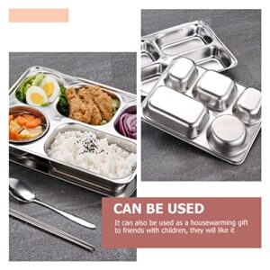 GANAZONO 2 Sets Stainless Steel Rectangular Divided Plates Tray with Lid for Adults Divided Dinner Tray 5 Sections Bento Lunch Box Camping