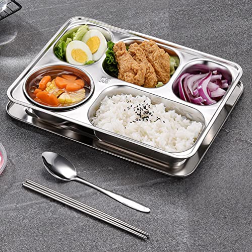 GANAZONO 2 Sets Stainless Steel Rectangular Divided Plates Tray with Lid for Adults Divided Dinner Tray 5 Sections Bento Lunch Box Camping