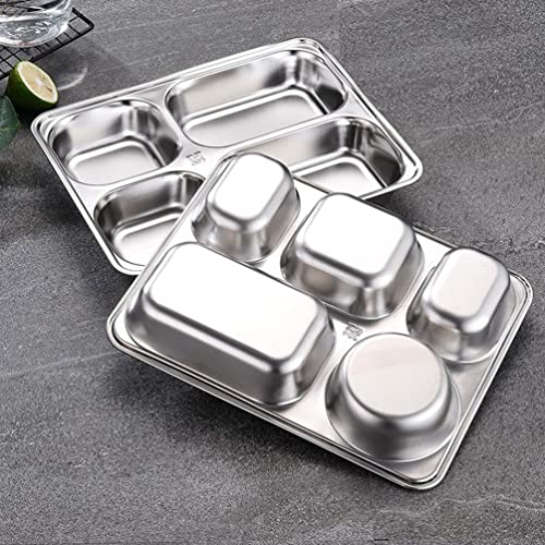 GANAZONO 2 Sets Stainless Steel Rectangular Divided Plates Tray with Lid for Adults Divided Dinner Tray 5 Sections Bento Lunch Box Camping