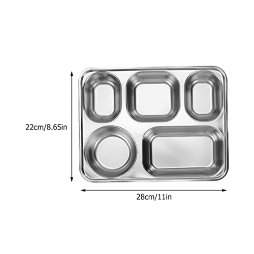 GANAZONO 2 Sets Stainless Steel Rectangular Divided Plates Tray with Lid for Adults Divided Dinner Tray 5 Sections Bento Lunch Box Camping