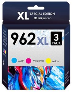 inkjetsclub compatible high yield cartridges for hp 962xl printer ink. works with officejet 9010 9012 9014 9015 9016 9022 9025 9026 9028 printers. 3 pack (cyan, magenta, yellow)