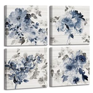 blue bathroom decor - blue watercolor flower wall art pictures for bedroom wall decor kitchen wall art blue botanical wall art bathroom pictures for wall artwork for home walls framed 14x14inch x4pcs