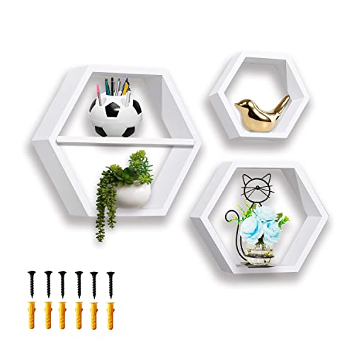 WEC Hexagon Shelves – Set of 3 Honeycomb Wall Shelves with Extra Removable Shelf – Floating Wood Shelves – Geometric Shelves for Bedroom, Kitchen, Office (White)